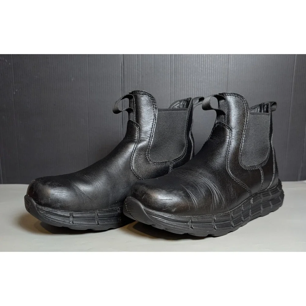HAWX Mens Chelsea Work Boots Black Leather Slip Resistant Soft Toe 8.5D